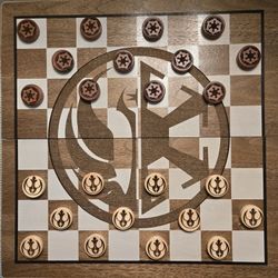 Engraved Chess And Checkers Board ..Set With The Crest Of The Jedi And Galactic Roundel Checkers