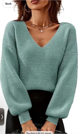large size Women's V-Neck Ribbed Knit Sweater, Long Sleeve, Mint Green, Casual Pullover Top