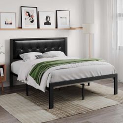 Queen Faux Leather Platform Bed Frame with Metal Slats, Button Tufted Square Stitched Headboard