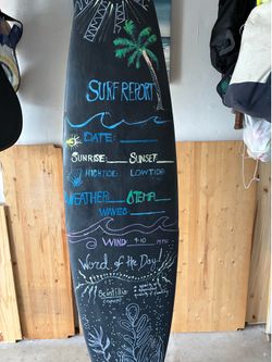 Handcrafted mosaic and paint mermaid. Handcrafted and painted surf report surfboard