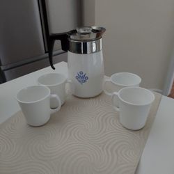 Corning Ware Blue Cornflower Coffee Pot With Cups