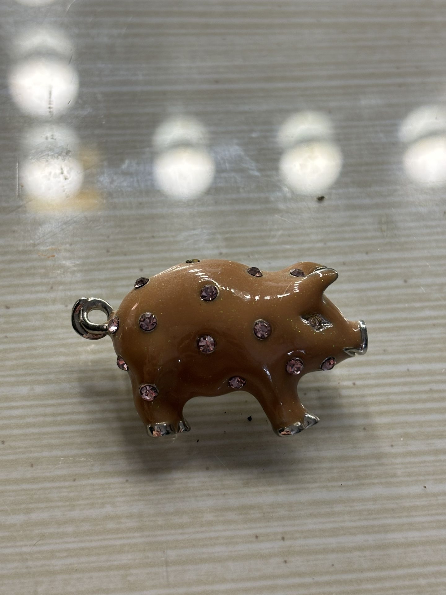 Vintage White Enamel Pig with Glitter Polka Dots Brooch Pin - Gold Tone