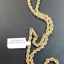 14k Solid Gold Rope Chain 20” 4mm 27.2 Grams 