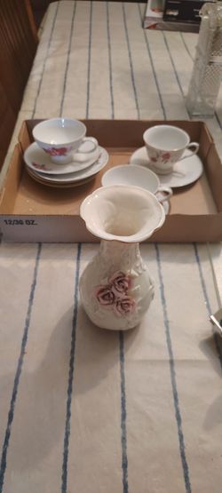 Porcelain Tea Cup Set and Rose Vase