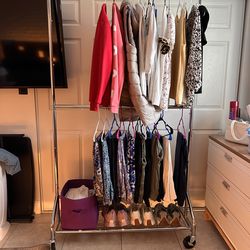 Heavy Duty Clothes Rack, Double Rod Clothing Rack for Hanging Clothes, Rolling Garment Racks with Lockable Wheels, for Bedroom Laundry Living Room, Ch