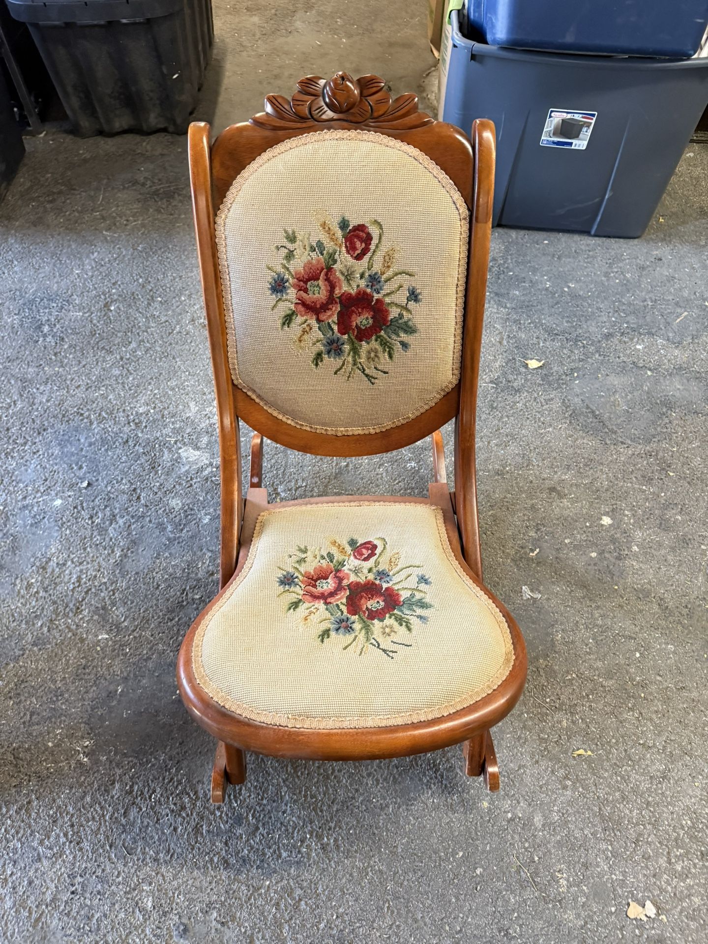 Antique VTG Folding Wood Rocking Chair Victorian Floral Tapestry Nursery Baby