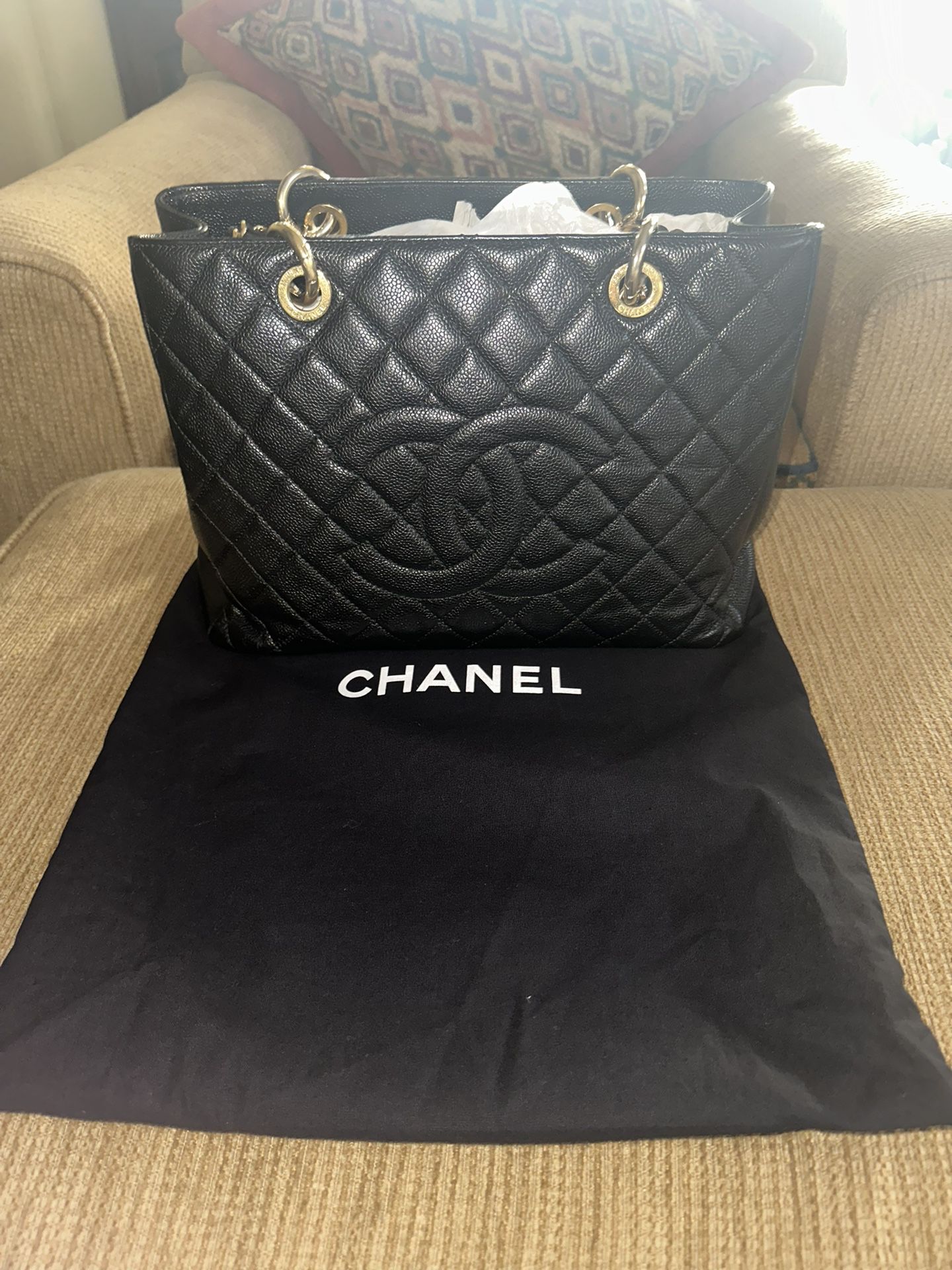 CHANEL Quilted Matelasse GST Caviar Gold Chain Grand Shopping Tote Bag Black 