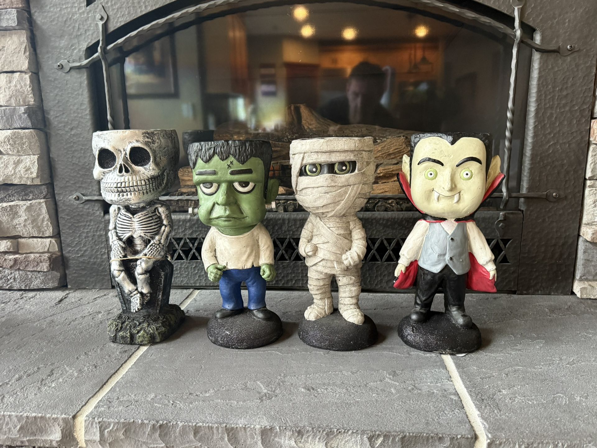 Four Monster Halloween Decorations - Skeleton, Frankenstein, Mummy and Vampire