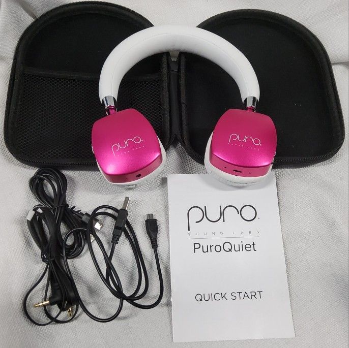 Great Gift w Pink Girlie Pop Sparkle Color! The Puro Sound Labs PuroQuiet Bluetooth Headphones Volume Limited On-Ear Active Noise Cancelling are light