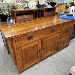 Mission style pull out desk buffet with organizer on top