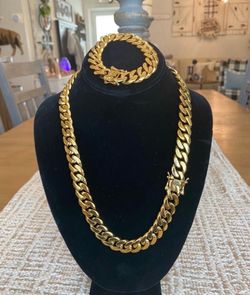 18k 14mm Gold Miami Cuban Link 2 Piece Set Necklace and Bracelet