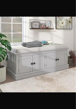 Storage Bench with 4 Doors and Adjustable Shelves, Shoe Bench with Removable Cushion for Living Room, Entryway - Gray Wash