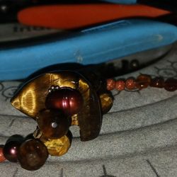 Carved Tiger's Eye Bear & briolettes ,Fire Opals, Sunstones Pearl's Necklace