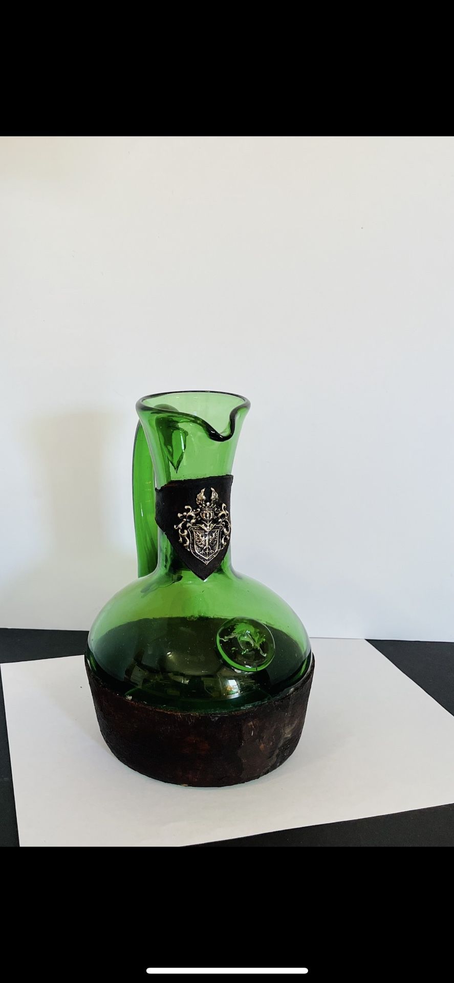 Vintage Green Glass Decanter with Leather Style Base & Crest Neck Wrap