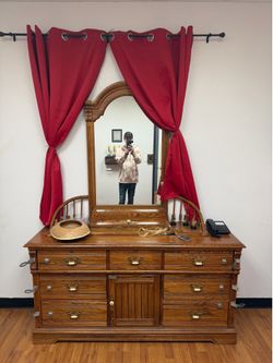 Large Vintage Solid Wood Dresser w/ Mirror (9 Drawer + Cabinet)