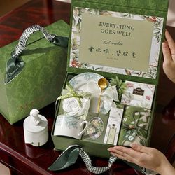 Green Tea Self-Care Gift Box for Her – Floral Ceramic Cup & Relaxing Spa Set