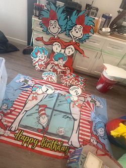 Dr. Seuss Thing 1 and Thing 2 themed birthday party decoration set.
