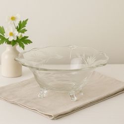 W.J. Hughes Canada 1950s Corn Flower Etched Footed Bowl, 10.5x4.5”
