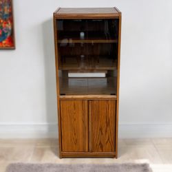 Light Brown Oak Display Cabinet w/ Glass Doors & Shelves