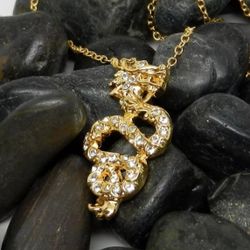 Chinese Asian Gold Tone With Faux Diamonds Dragon Pendant 20" Necklace