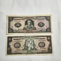 2 Old Ecuador Banknotes - 5 , 10 Sucres - Uncirculated