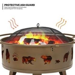 32" Outdoor Fire Pit Metal Wood Burning Bear Pattern Round Firepit With Fireplace Charcoal Rack Mesh Cover, Gold  Heat Retaining Property - The main b