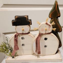 Christmas Vintage Folk Art Table Decor Snowman Wood Farmhouse Cabin Rustic