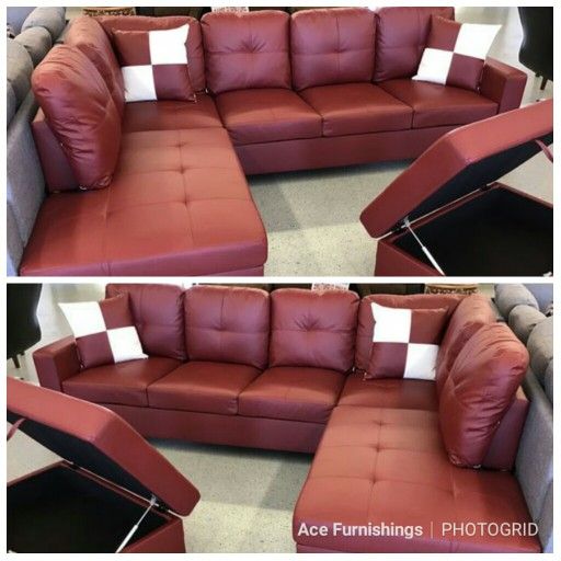 Brand New Red Leather Sectional With Storage Ottoman