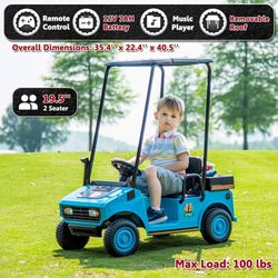 12V Golf Cart for Kids Boys Girls 2 Seater Electric Ride on Toys, Blue Detachable Sunshade Roof, 2WD, With Remote Control, Music Player, for Kids 3-5,