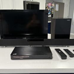 Vizio 26” TV, Soundbar, Subwoofer, Blu-Ray Player
