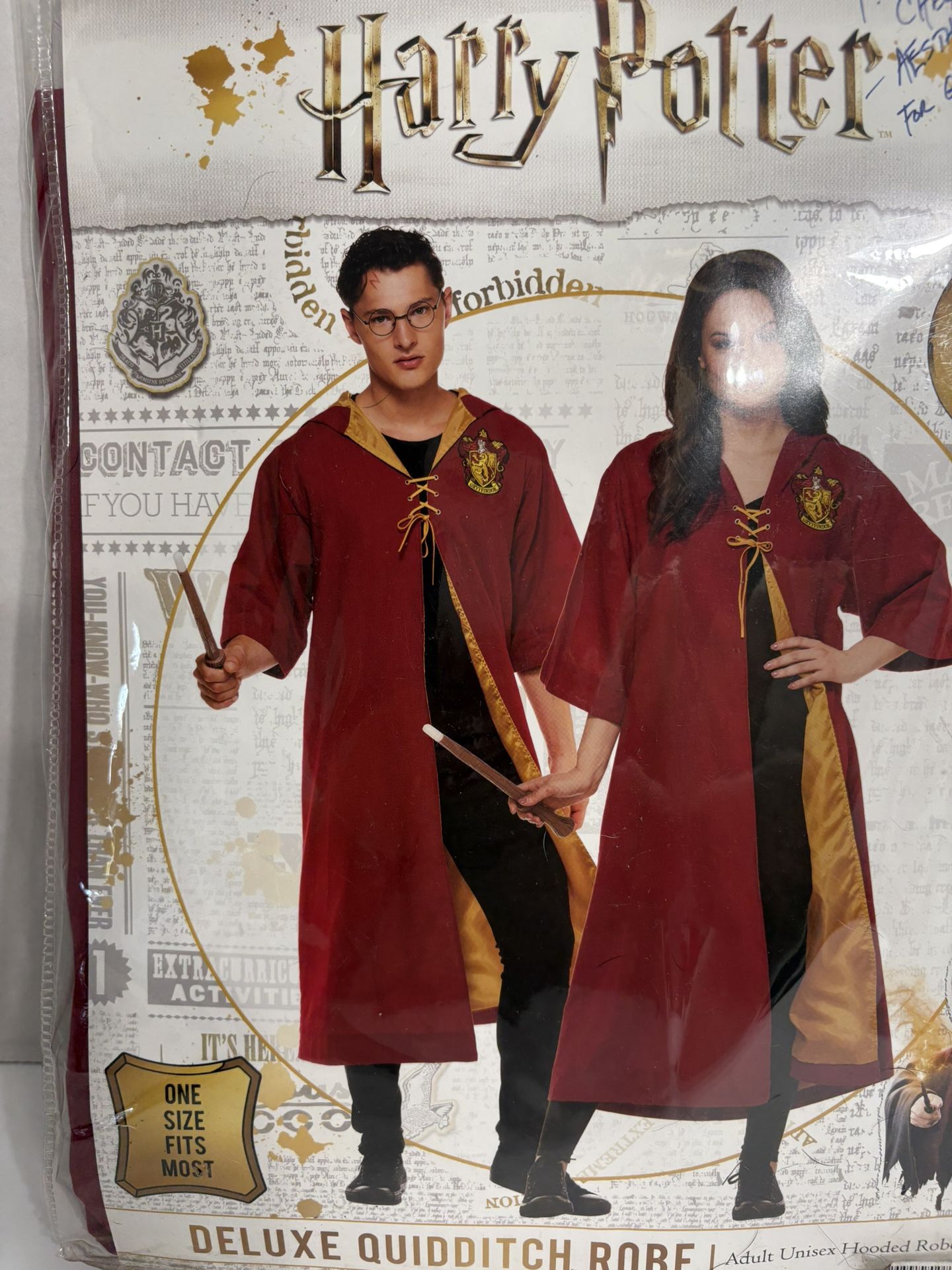 Harry Potter Adult One Size Deluxe Quidditch Robe Outfit Cape Halloween Costume, red/yellow, retails $45, adult unisex hooded Robe, men’s or women’s,