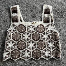 Brown and cream crochet flower tank top/crop