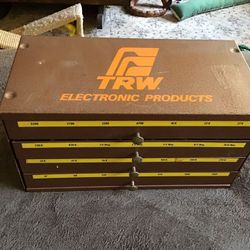 Vintage Small TRW Electronics parts BIN drawer Brown metal cabinet collectors storage 1960's Vintage metal parts cabinet. Came from the TRW company