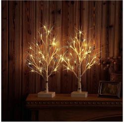 Tabletop Birch Tree with Timer 24LED 18IN Battery Operated for Christmas Father's Day Party Decoration 2 Set