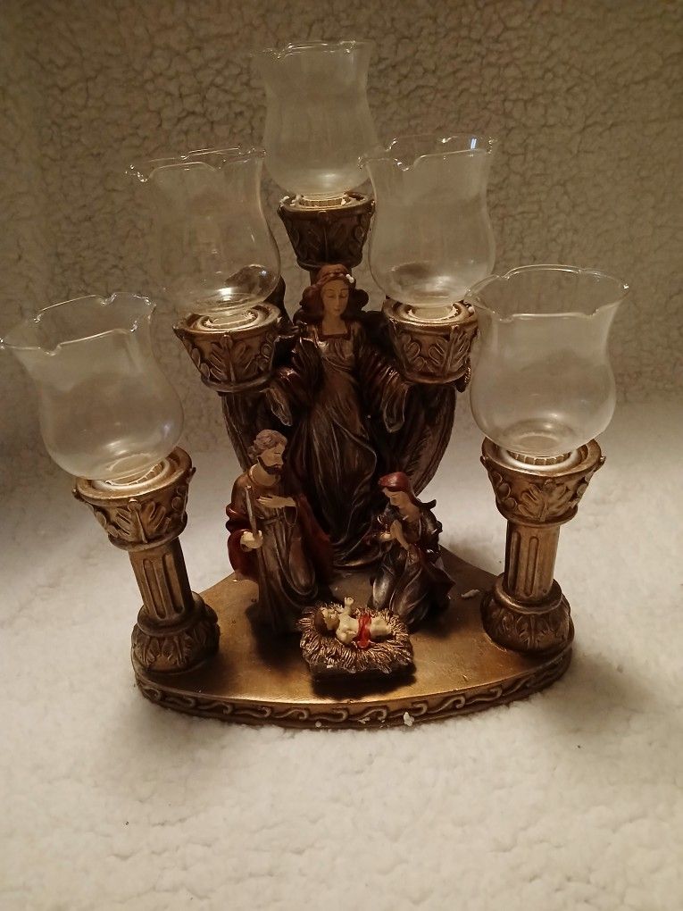 Vintage Jewel Bronze Nativity 5 -Cup Votive Candle Holder