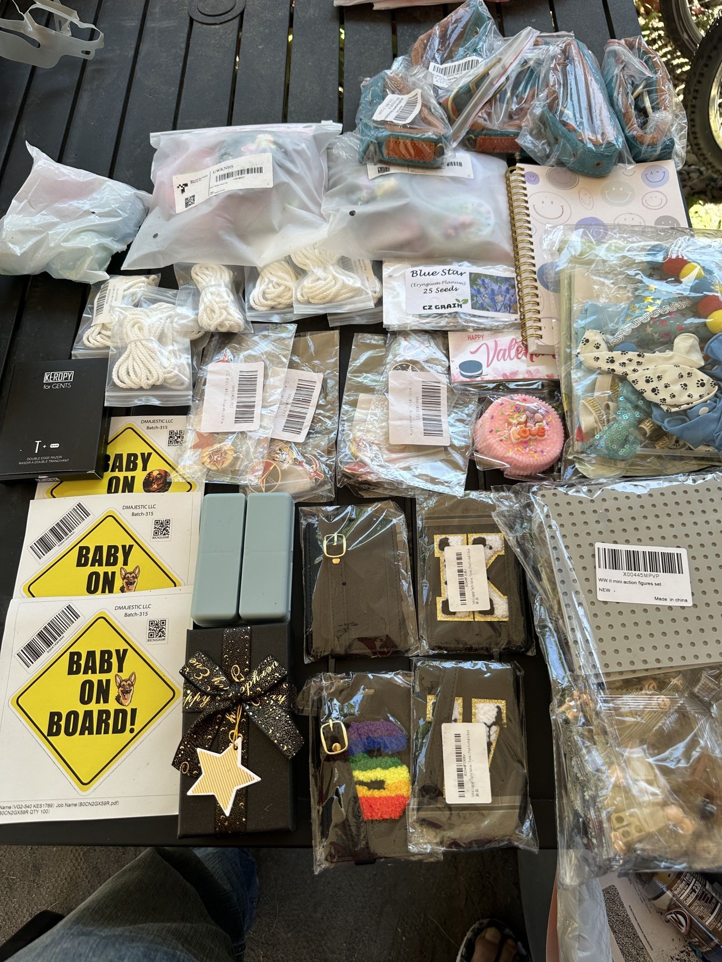 batch of misc stuff. shaving razors. lego. day planner. luggage tags. dog collars etc