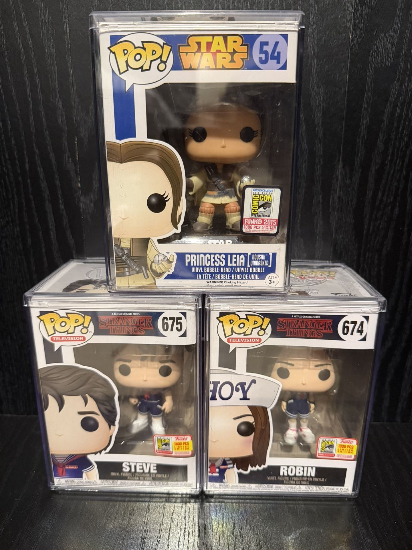 Funko pops Star Wars Princess Leia unmasked & Stranger Things Steve & Robin SDCC