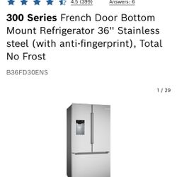 Bosch 300 Series French Door Bottom Mount Refrigerator 36'' Stainless steel