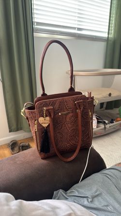 Brown Tooled Leather Tote Handbag