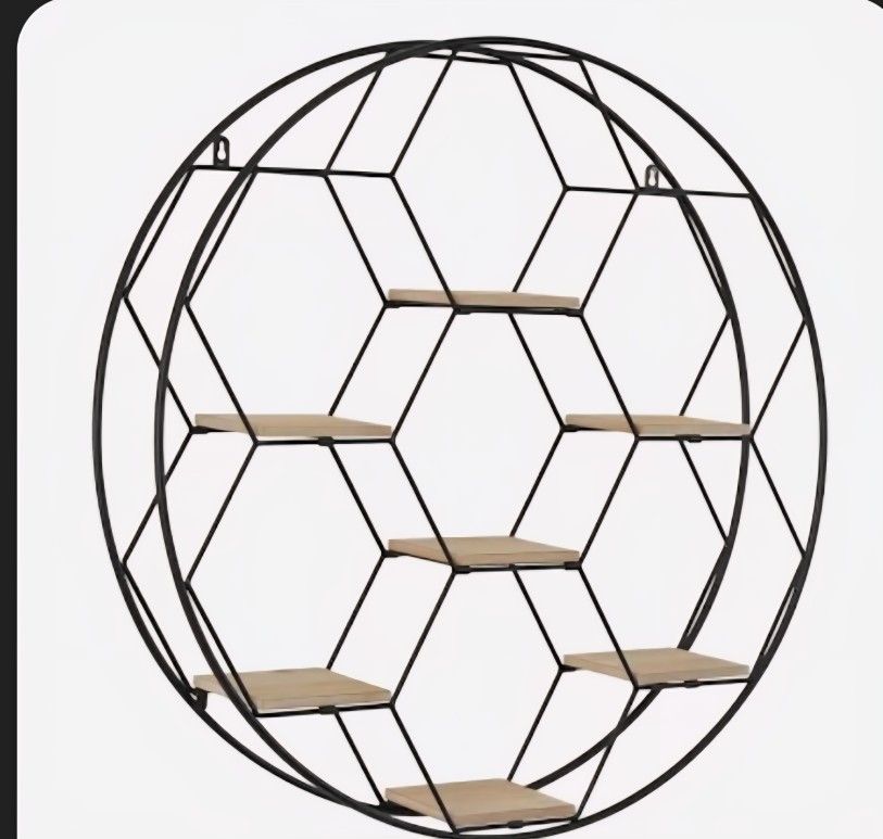 Modern 7-Shelf Circular Wall Shelf – Black Metal & Wood