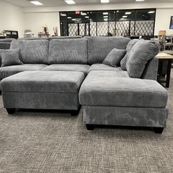 Gray Corduroy Sofa Sectional + Storage Ottoman Set - Free Delivery Promo