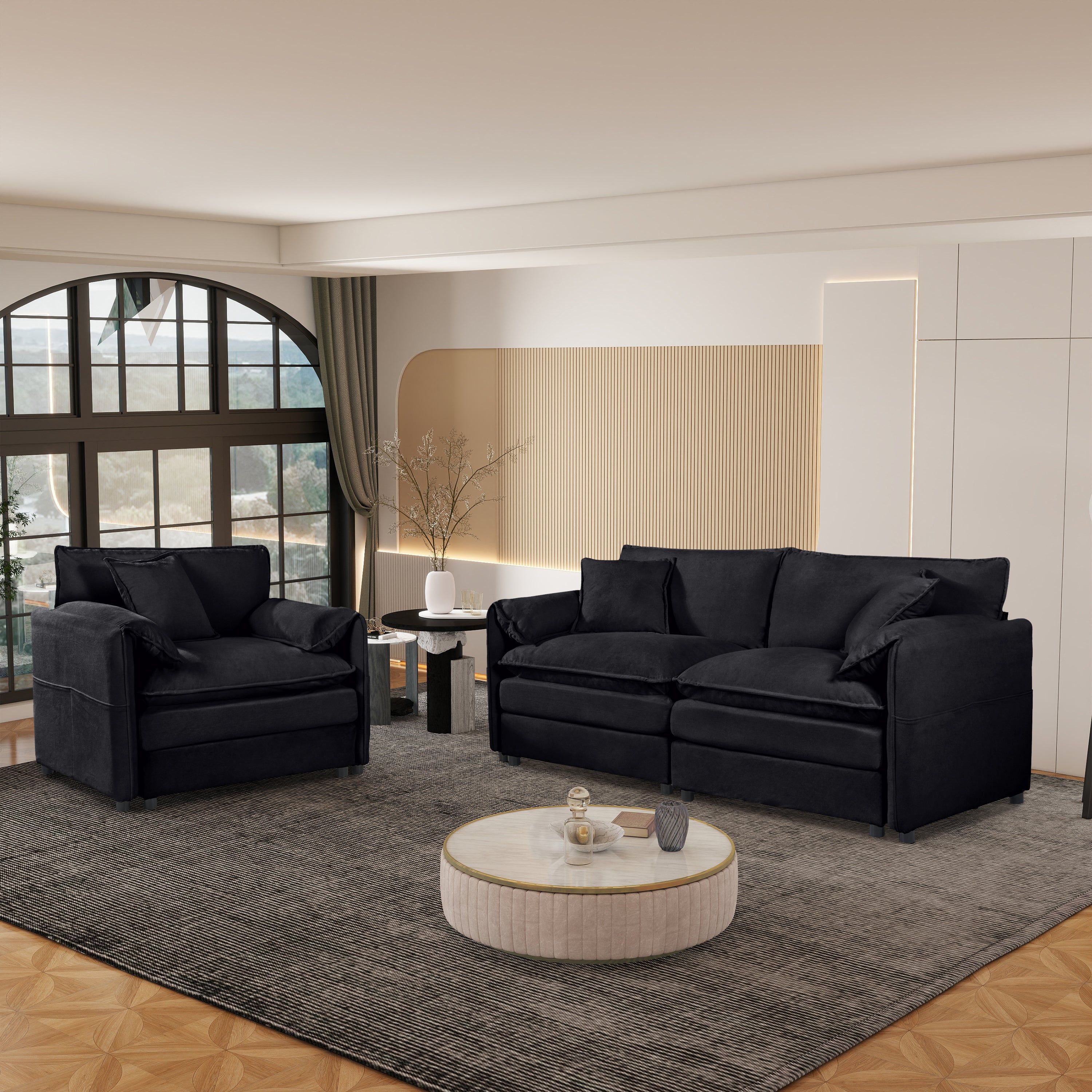 Rochester Modern Chenille Deep-Seat Loveseat and Armchair Set 2-Piece Black