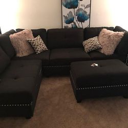 Sienna Black Linen Sectional with Ottoman 