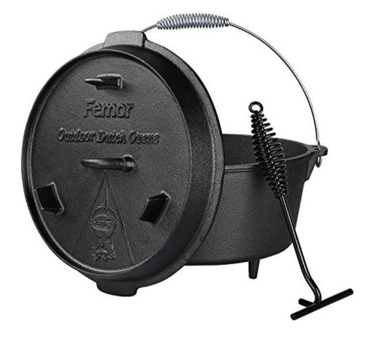 FEMOR OUTDOOR DUTCH OVEN 8 LITER CAST IRON COOKING POT WITH FEET PRE-BURNED  ROASTING DISH WITH LID LIFTER SPIRAL HANDLE AND SLOT FOR THERMOMETER FOR B  for Sale in Rancho Cucamonga, CA 
