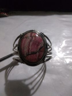 Vintage Rhodochrosite 925 Silver Cuff Bracelet Over The Shaped Stone In The Center 2 By 1 1/2 Used