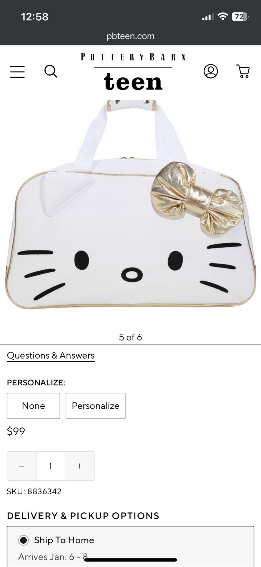 Pottery Barn Teen Hello Kitty Duffel Bag