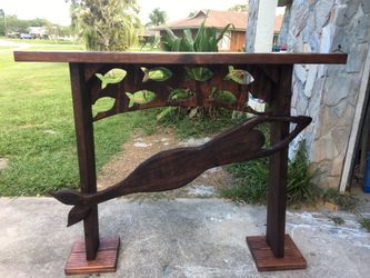Solid wood hand crafted side table with fish and mermaid