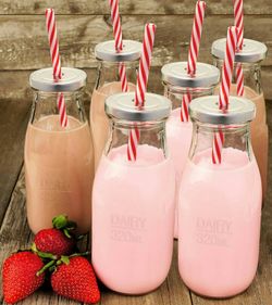 Reusable Glass Milk Bottles with Straws and Metal Screw on Lids (Set of 6), 10.5 oz, Clear