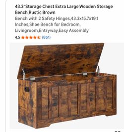 New 43.3"Storage Chest Extra Large,Wooden Storage Bench, Rustic Brown