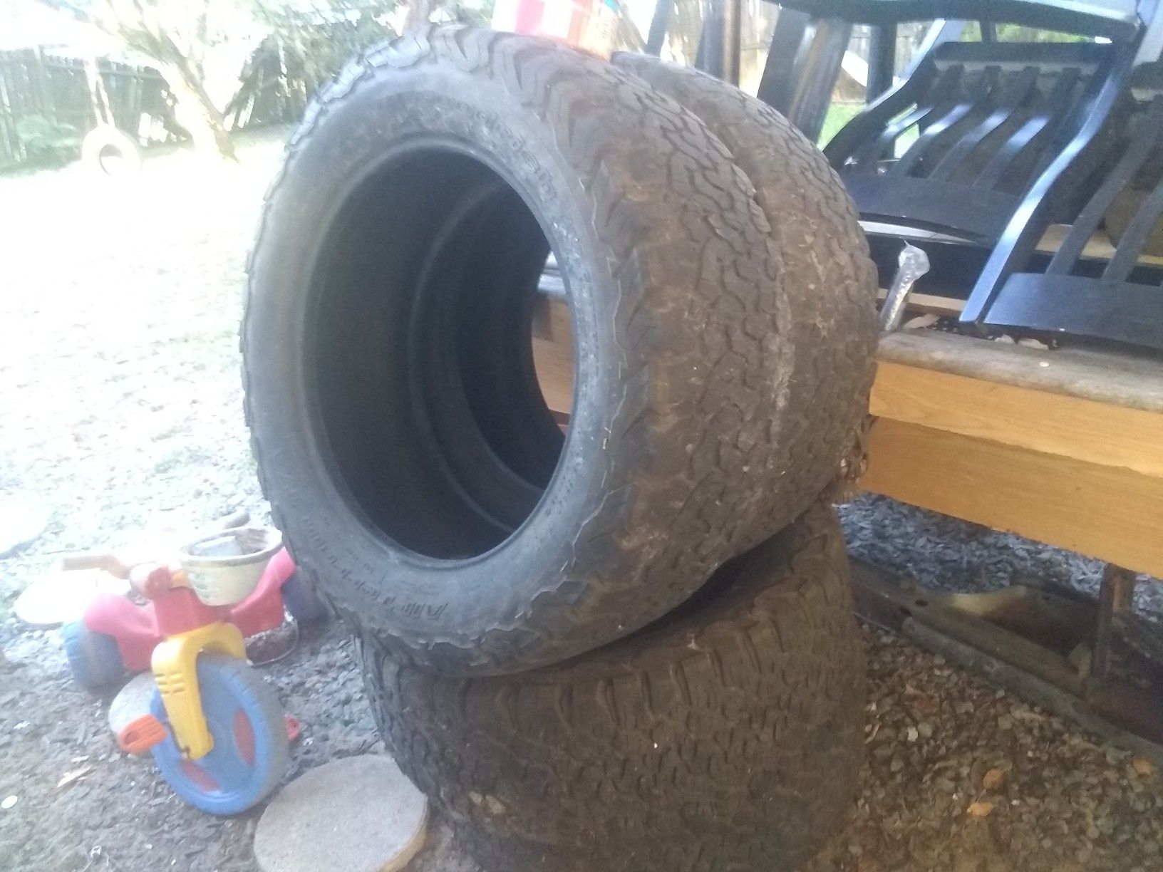 I have a set of 4 285/55/20 inch Bf goodrich all terrain tires in good condition with about 70% tread left on them 100$ obo